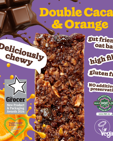 Double Cacao & Orange oat bar – vegan, gluten-free, high fibre, no additives, award-winning snack