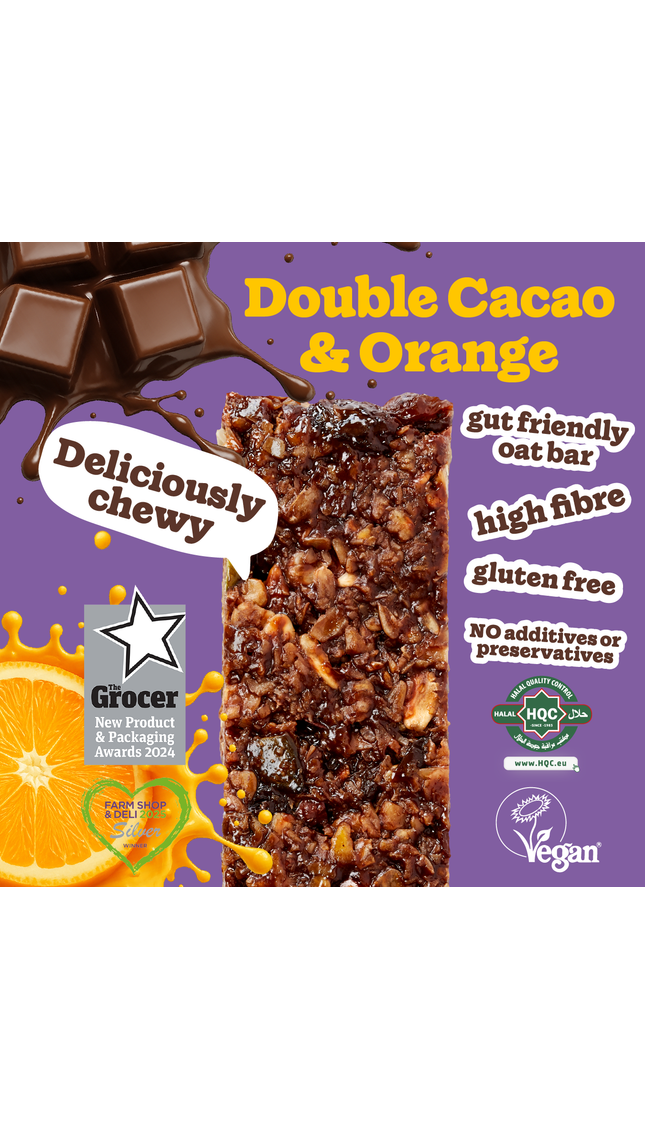 Double Cacao & Orange oat bar – vegan, gluten-free, high fibre, no additives, award-winning snack