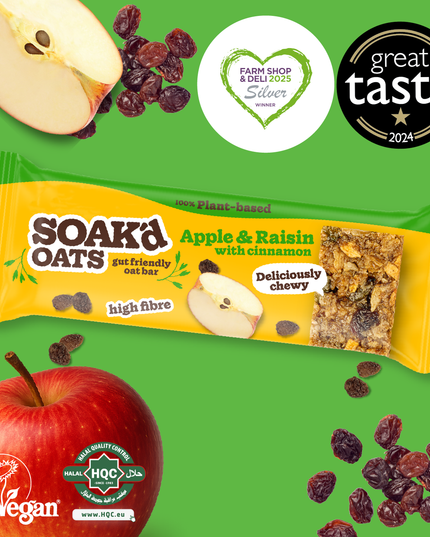 Award-winning Apple & Raisin oat bar with cinnamon, vegan, high fibre, gut friendly, Great Taste & Farm Shop & Deli Awards