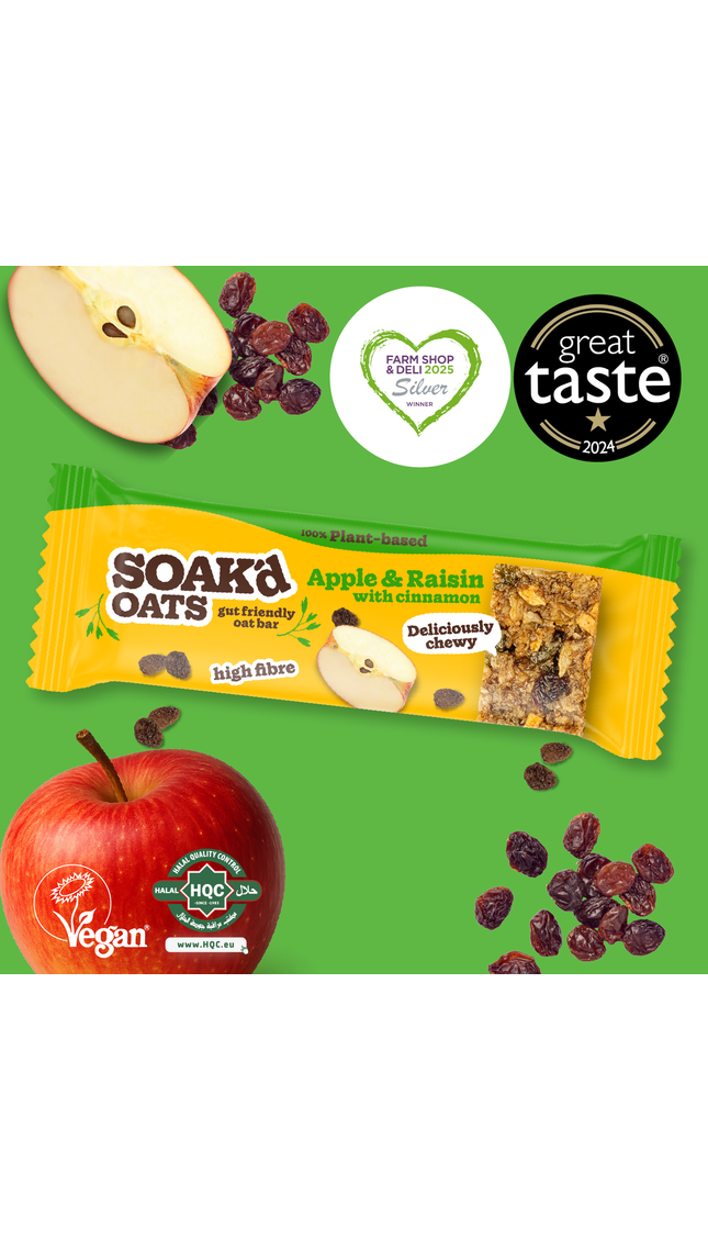 Award-winning Apple & Raisin oat bar with cinnamon, vegan, high fibre, gut friendly, Great Taste & Farm Shop & Deli Awards
