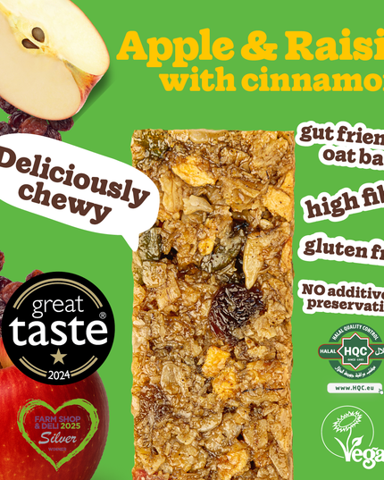 Soak’d Oats Apple & Raisin bar with cinnamon, vegan and halal certified, 1-star Great Taste winner, Silver Farm Shop & Deli award