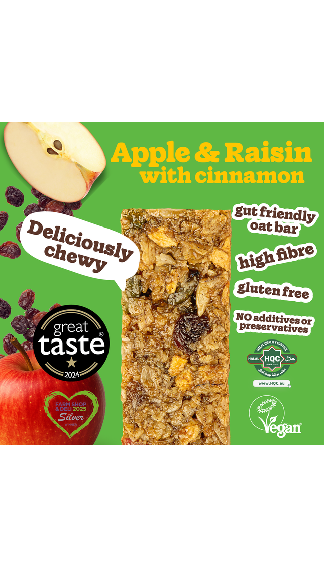 Soak’d Oats Apple & Raisin bar with cinnamon, vegan and halal certified, 1-star Great Taste winner, Silver Farm Shop & Deli award