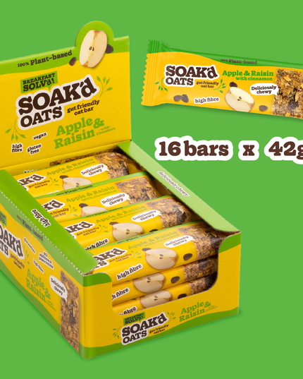 Display box of 16 Soak’d Oats Apple & Raisin bars with cinnamon, plant-based, high fibre, chewy oat snack bar
