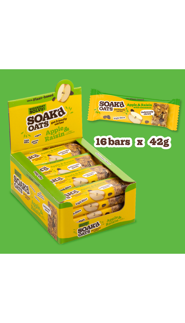 Display box of 16 Soak’d Oats Apple & Raisin bars with cinnamon, plant-based, high fibre, chewy oat snack bar