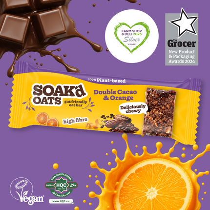 Soak’d Oats Double Cacao & Orange oat bar – vegan, plant-based, high fiber, award-winning snack