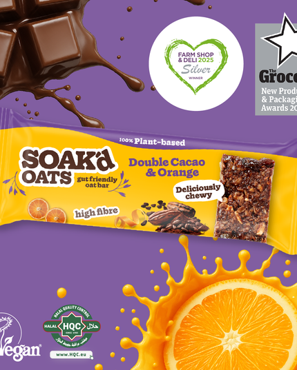 Soak’d Oats Double Cacao & Orange oat bar – vegan, plant-based, high fiber, award-winning snack