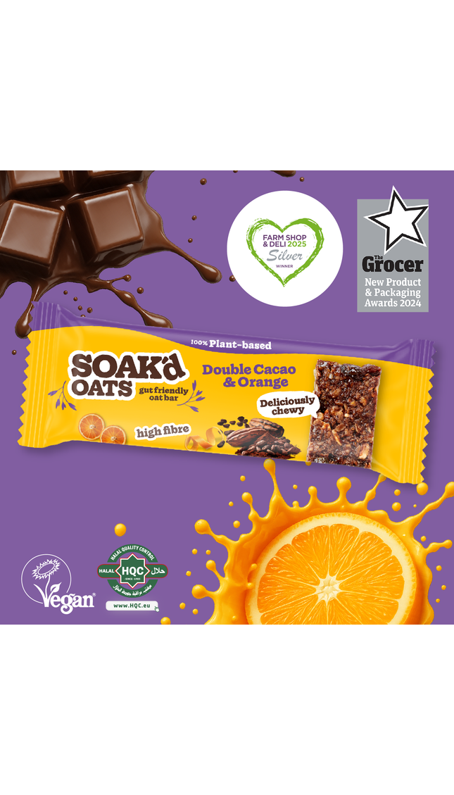 Soak’d Oats Double Cacao & Orange oat bar – vegan, plant-based, high fiber, award-winning snack