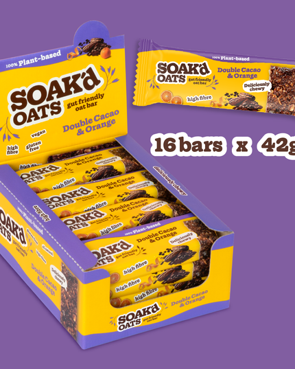 Soak’d Oats Double Cacao & Orange oat bars – vegan, high fiber, gluten-free (16 x 42g)