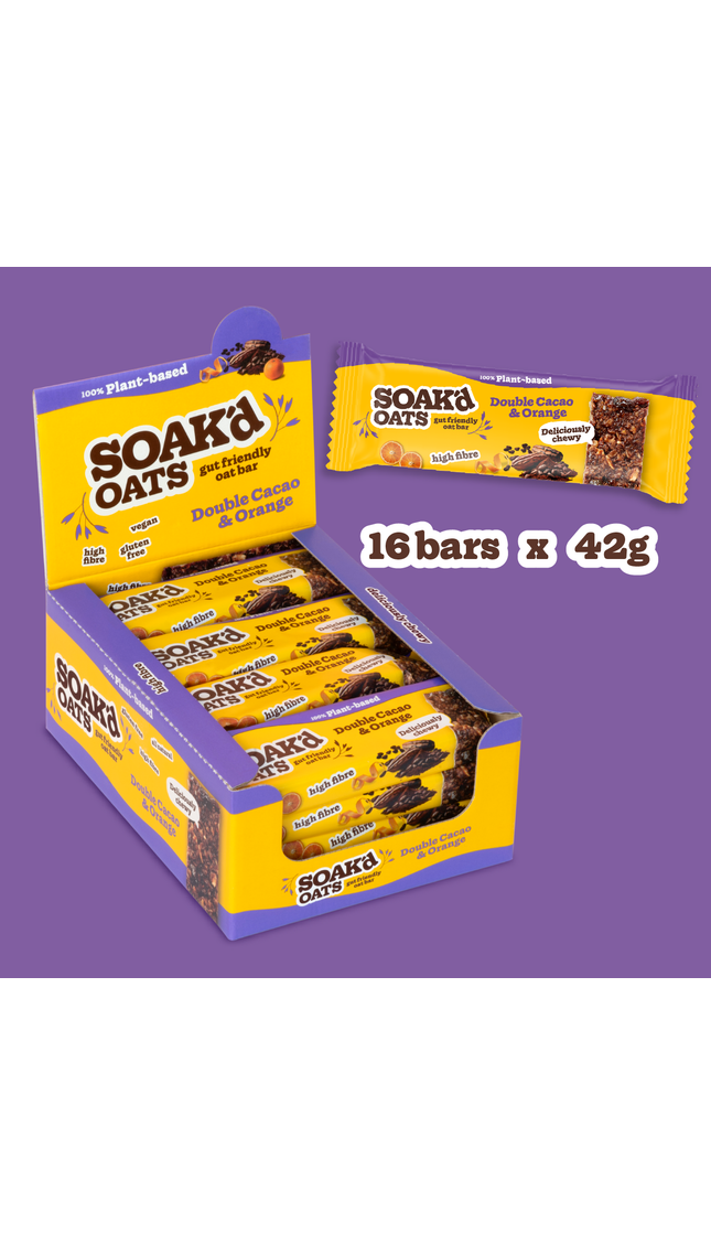 Soak’d Oats Double Cacao & Orange oat bars – vegan, high fiber, gluten-free (16 x 42g)