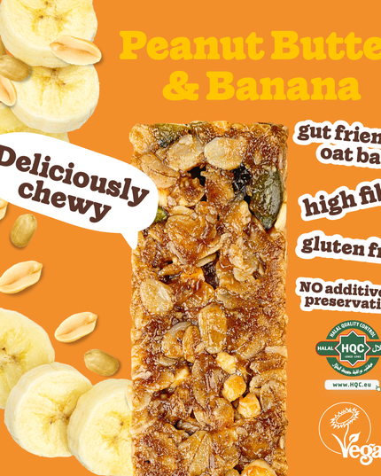 Chewy peanut butter & banana oat bar – gut-friendly, high fibre, gluten-free, no additives, vegan and halal certified
