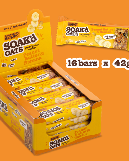 Box of 16 Soak’d Oats Peanut Butter & Banana bars – 42g plant-based oat snacks with chewy texture and high fibre