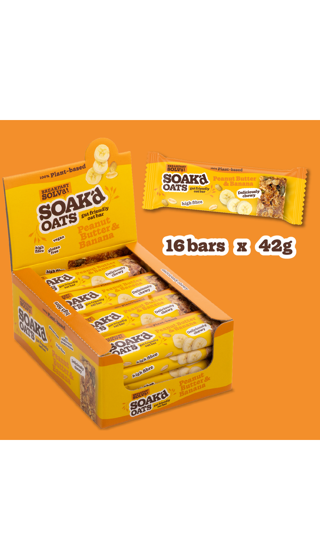 Box of 16 Soak’d Oats Peanut Butter & Banana bars – 42g plant-based oat snacks with chewy texture and high fibre