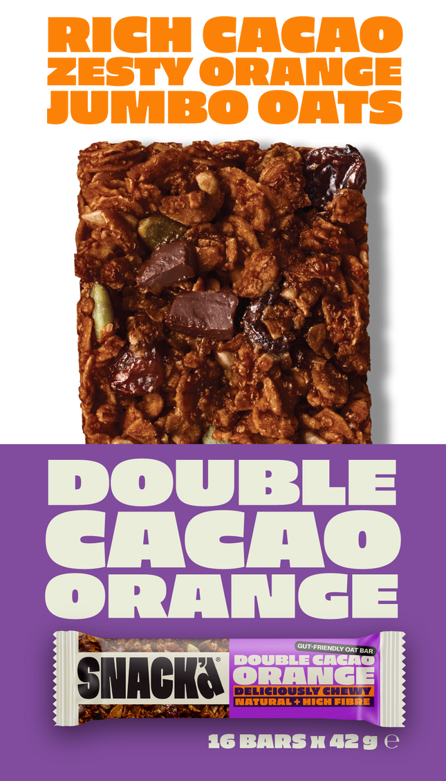 Double Cacao Orange gut-friendly oat bar. Close-up shows rich cacao pieces, zesty orange, and jumbo oats, emphasising natural ingredients for a high fibre, deliciously chewy snack