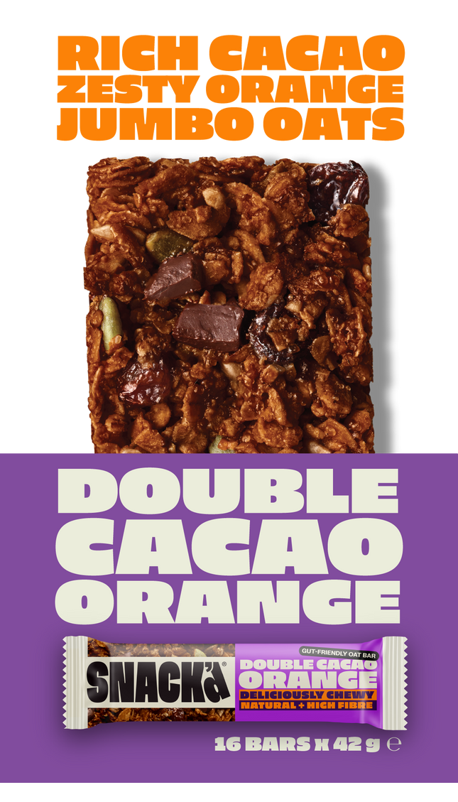 Double Cacao Orange gut-friendly oat bar. Close-up shows rich cacao pieces, zesty orange, and jumbo oats, emphasising natural ingredients for a high fibre, deliciously chewy snack