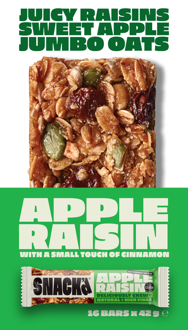 Apple Raisin Cinnamon gut-friendly oat bar close-up. The bar contains juicy raisins, sweet apple pieces, and jumbo oats, making a great tasting and chewy snack.