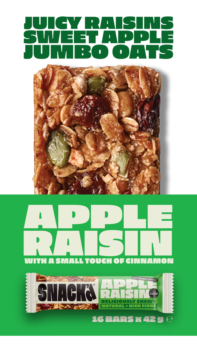 Apple Raisin Cinnamon gut-friendly oat bar close-up. The bar contains juicy raisins, sweet apple pieces, and jumbo oats, making a great tasting and chewy snack.