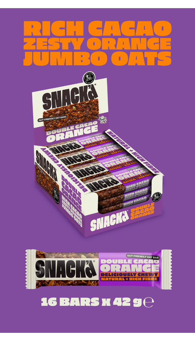 SnackCo Double Cacao Orange gut-friendly oat bar, a high fibre and natural oat bar for better snacking without artificial ingredients.
