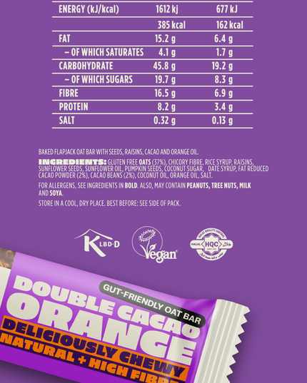 Nutrition information for SnackCo Double Cacao Orange gut-friendly oat bar. The label highlights high fibre content and natural ingredients for a healthy snack option