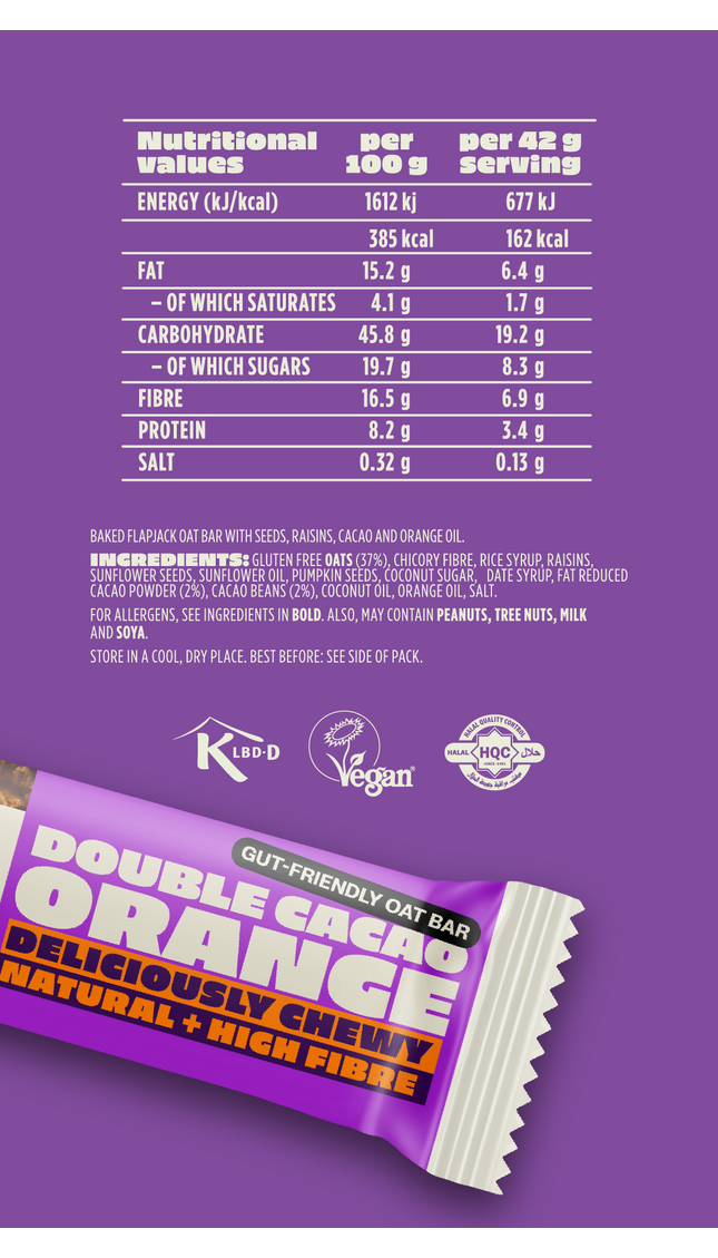 Nutrition information for SnackCo Double Cacao Orange gut-friendly oat bar. The label highlights high fibre content and natural ingredients for a healthy snack option