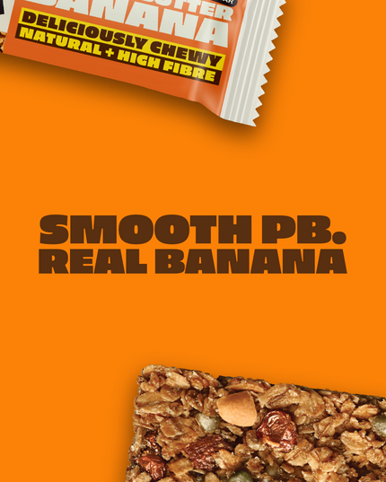 Close-up of a SnackCo Peanut Butter Banana oat bar. The texture shows real banana and nuts, highlighting the smooth peanut butter and real fruit flavour