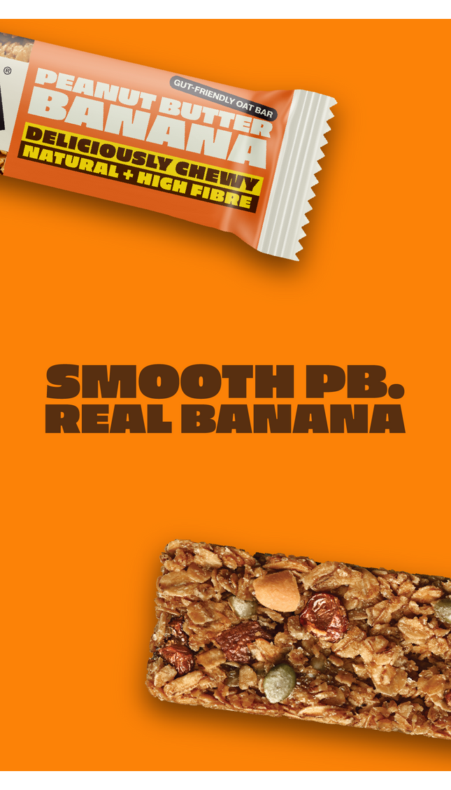 Close-up of a SnackCo Peanut Butter Banana oat bar. The texture shows real banana and nuts, highlighting the smooth peanut butter and real fruit flavour