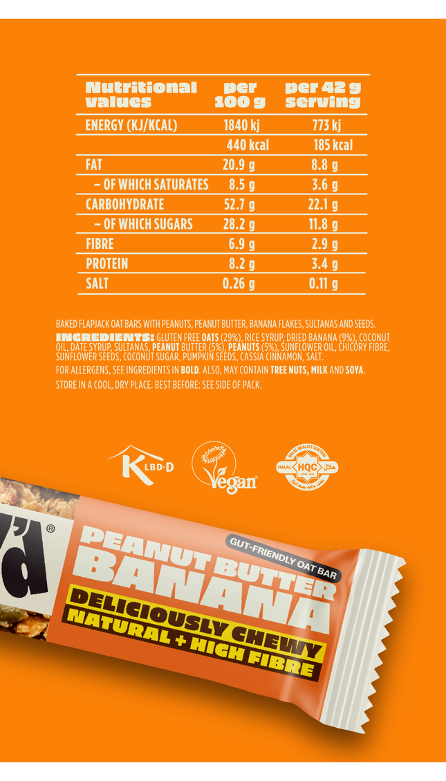 Nutrition information and ingredients for SNACKd Peanut Butter Banana oat bar. The list shows natural ingredients, perfect for a high fibre and gut-friendly snack