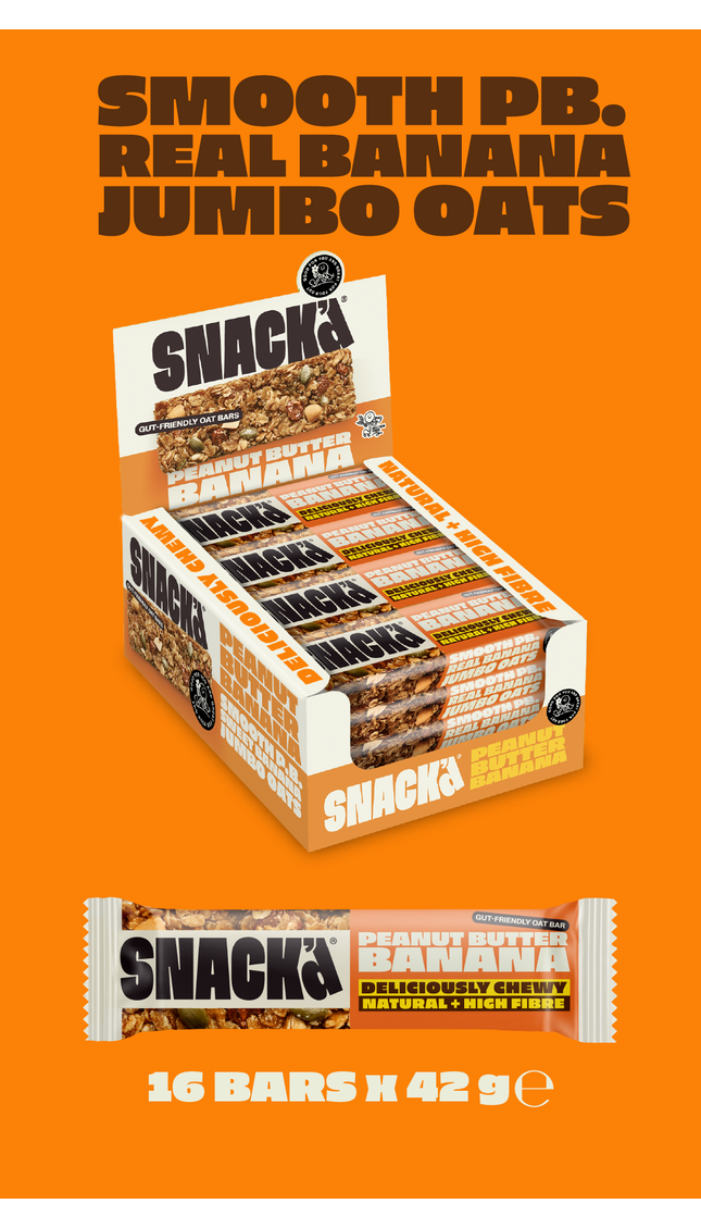 Multipack display box of SnackCo Peanut Butter Banana gut-friendly oat bars, showing 16 individual bars in their packaging. The bars are deliciously chewy and high in fibre