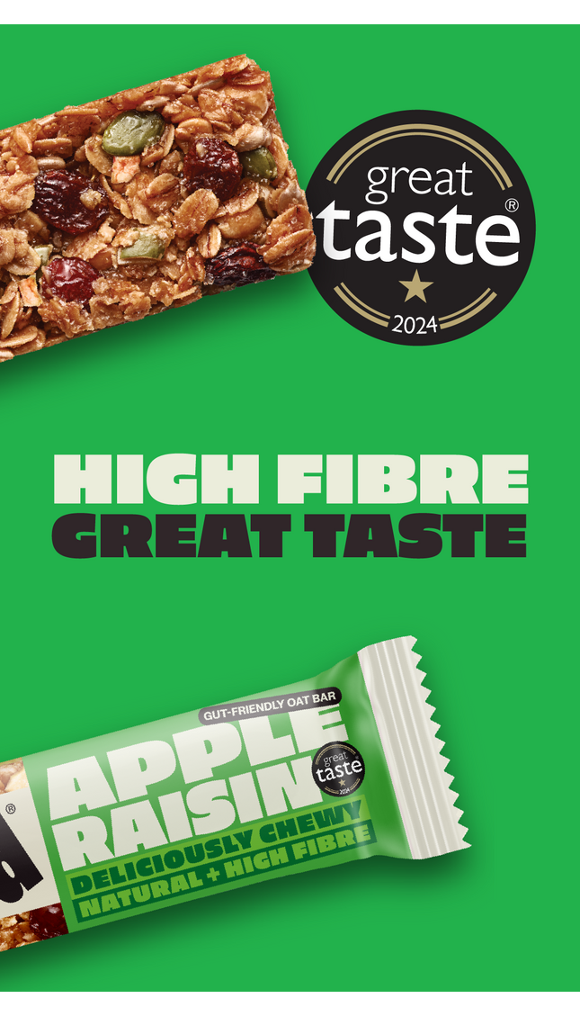 Award-winning SnackCo Apple Raisin Cinnamon gut-friendly oat bar. The image features the 'Great Taste 2024' award logo, signifying a high fibre and delicious snack bar
