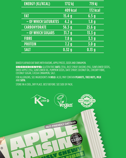 Nutrition label for Snack'd Apple Raisin Cinnamon gut-friendly oat bar. The ingredients are natural, providing a high fibre and vegan snack.