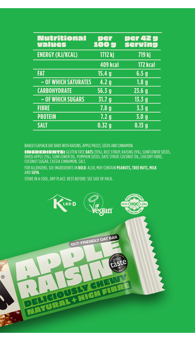 Nutrition label for Snack'd Apple Raisin Cinnamon gut-friendly oat bar. The ingredients are natural, providing a high fibre and vegan snack.