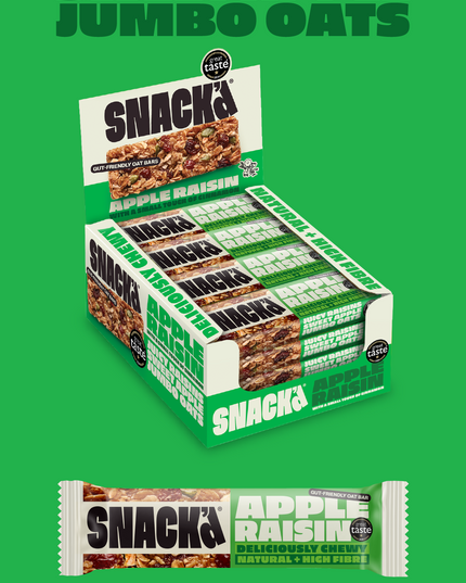 Snack'd Apple Raisin Cinnamon gut-friendly oat bars multipack, showing 16 x 42g boxes. A high fibre and delicious natural oat bar.