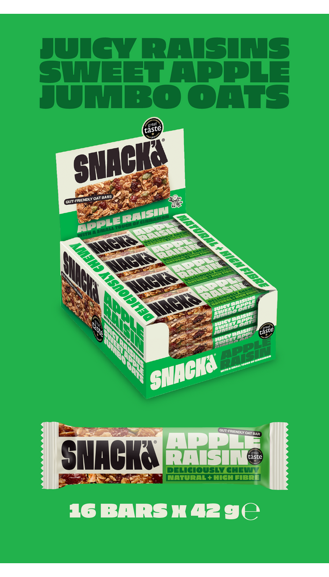 Snack'd Apple Raisin Cinnamon gut-friendly oat bars multipack, showing 16 x 42g boxes. A high fibre and delicious natural oat bar.