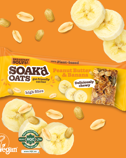 Soak’d Oats Peanut Butter & Banana bar – vegan, gut-friendly, high fibre oat snack with chewy texture and natural ingredients