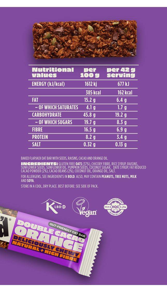 SNACK Double Cacao Orange oat bar nutritional values and ingredients. Vegan, halal, and high-fibre bar made with gluten-free oats, cacao, orange oil, and seeds. 162 kcal per serving and 6.9g fibre per bar.