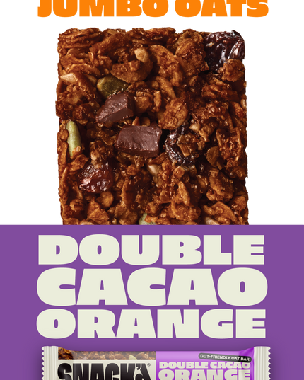 SNACK Double Cacao Orange oat bar made with rich cacao, zesty orange, and jumbo oats. Chewy, high-fibre, and natural oat snack bar with a bold chocolate-orange flavour. Gut-friendly and full of wholesome ingredients.