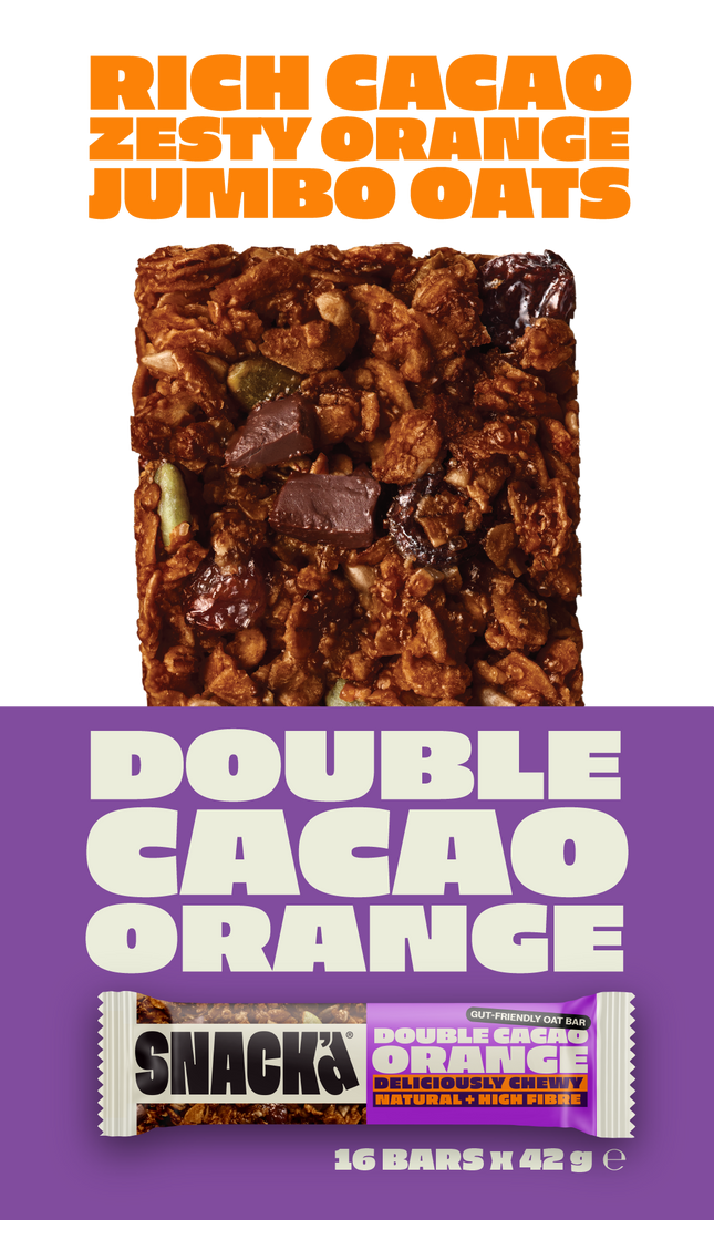 SNACK Double Cacao Orange oat bar made with rich cacao, zesty orange, and jumbo oats. Chewy, high-fibre, and natural oat snack bar with a bold chocolate-orange flavour. Gut-friendly and full of wholesome ingredients.