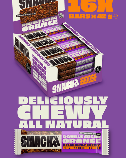 Box of 16 SNACK Double Cacao Orange oat bars. Deliciously chewy, all-natural oat snack bars made with rich cacao and orange. High in fibre, vegan, and gut-friendly with a bold chocolate-orange flavour