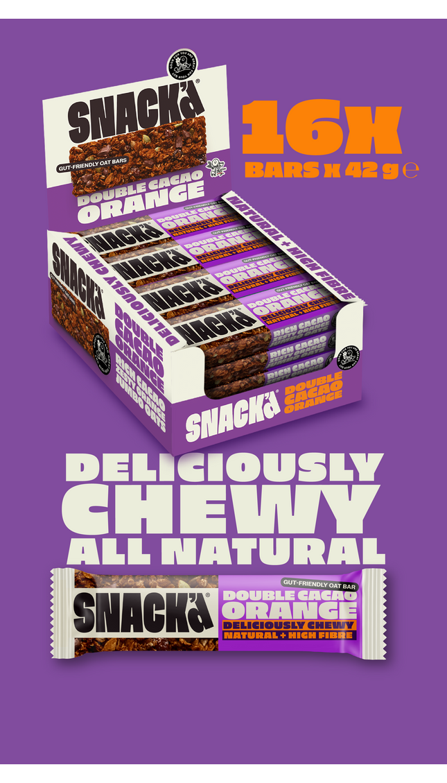 Box of 16 SNACK Double Cacao Orange oat bars. Deliciously chewy, all-natural oat snack bars made with rich cacao and orange. High in fibre, vegan, and gut-friendly with a bold chocolate-orange flavour