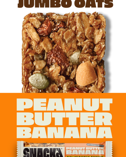 SNACK Peanut Butter Banana oat bar made with smooth peanut butter, real banana, and jumbo oats. Deliciously chewy, natural, and high-fibre snack bar. Packed with protein and made for gut-friendly energy snacking.