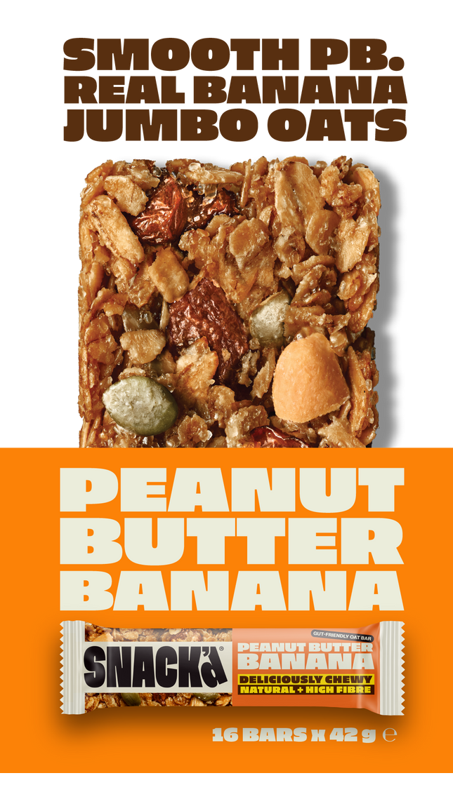 SNACK Peanut Butter Banana oat bar made with smooth peanut butter, real banana, and jumbo oats. Deliciously chewy, natural, and high-fibre snack bar. Packed with protein and made for gut-friendly energy snacking.