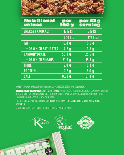 SNACK Apple Raisin oat bar nutritional information and ingredients. Chewy, high-fibre oat bar made with gluten-free oats, raisins, apple pieces, seeds, and cinnamon. Vegan, halal, and Great Taste Award certified snack bar. 172 kcal per bar with 3.3g fibre and 3g protein